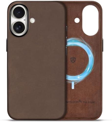 SHIELDON Case for iPhone 17 6.3" 2025, Top Grain Crazy Horse Leather, Compatible with Magsafe, Magnetic Wireless Charging, Non-Slip, Anti-Scratch, Shockproof, Metal Buttons & Camera Bezel - Dark Brown