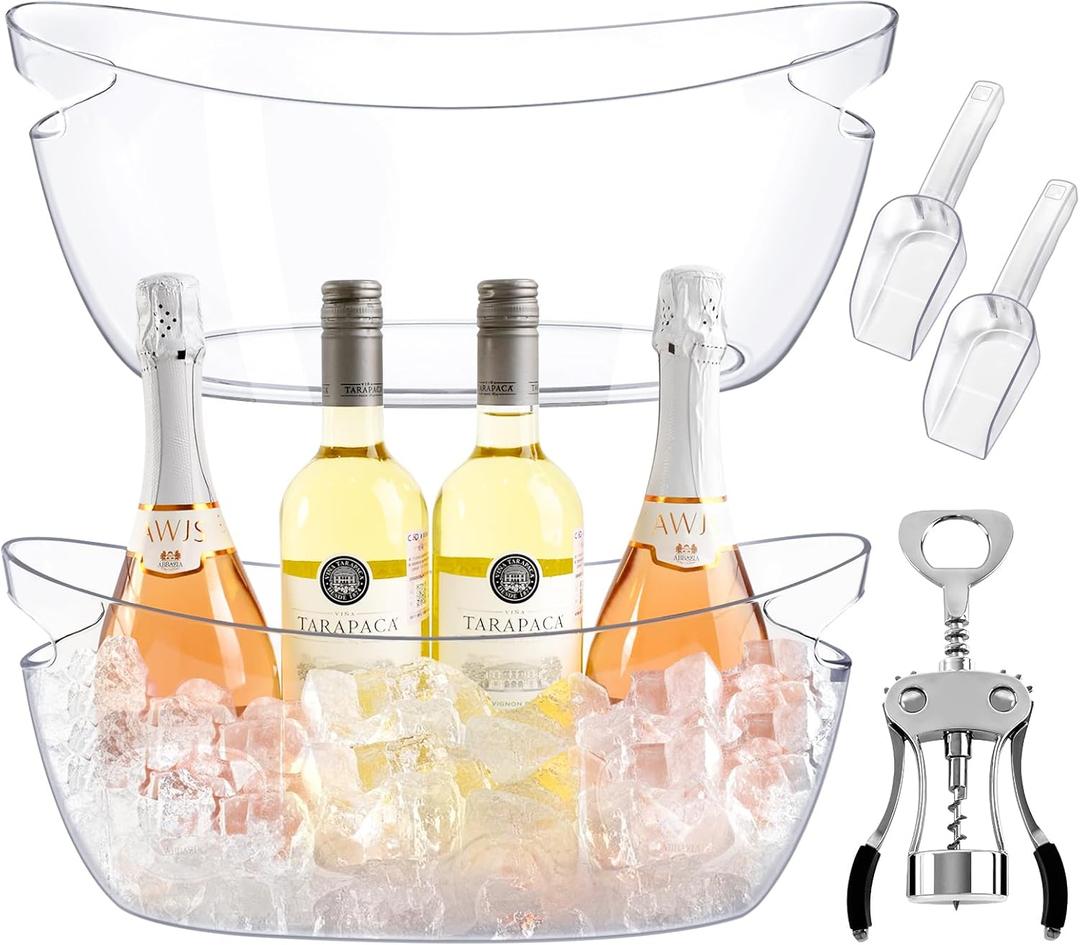 2-Pack Ice Buckets for Parties, 5.5L Clear Acrylic Beverage Tub | Shatterproof boat shaped tubs for wine. Includes 2 matching ice scoops and 1 metal corkscrew opener for mimosa bar