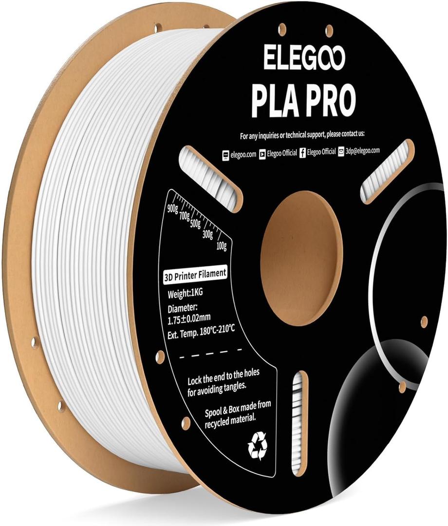 ELEGOO PLA PRO Filament 1.75mm White 1KG, 30-250mm/s Printing Speed Improved Rigidity 3D Printer Filament Dimensional Accuracy +/- 0.02mm, 1kg Spool (2.2lbs)