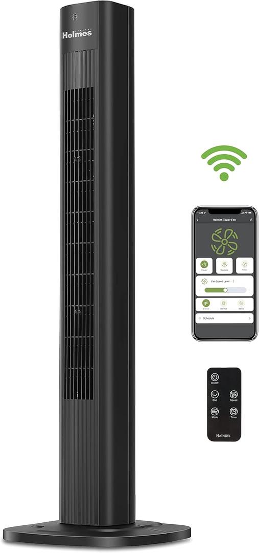 HOLMES 36" Smart WI-FI Connected Tower Fan, Alexa Fan, Voice Control, Oscillation, Digital Control Panel, Remote Control, 3 Speed Settings, 3 Modes, 15-Hour Auto-Shut Off Timer, Black Finish