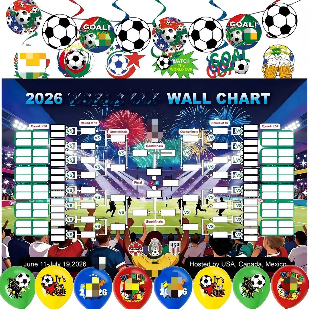3 x World Football Tournament Cup 48x32 Inch 2026 Vibrant Soccer Festival Schedule Poster with String Flag Banner and Balloon Set for Party Decorations, Home, Office & Bar Decor