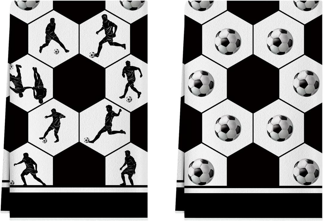 XCHI Black and White Checkered Soccer Player World Cup Dish Towels 18x26 Inch for Game Day Soccer Party Home Kitchen Decorations Hand Towels Set of 2 Drying Dishcloth