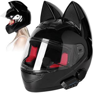 Custom Kitty Cat Ear Automotive Motorcycle Biker Helmet with Bluetooth | for Moped | Bike | Vespa | Scooter | ATV | Quad | Dirtbike | DOT FMVSS218 Approved and Certified (Extra Large)