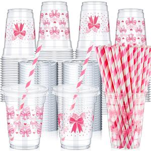 Yaomiao 100 Pcs Valentine's Day Pink Bow Plastic Cups 12oz Disposable Clear Galentine Pink Plastic Cups with Lids and Straw Cute Bow Cup Bulk Birthday Wedding Party Favors Supplies for Cold Beverage