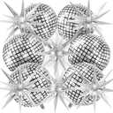 Disco Ball Balloons with Star Balloons, 22 Inch Metallic Silver Foil Balloon for Disco Party Decor Birthday Bachelorette New Year Christmas Party Decorations