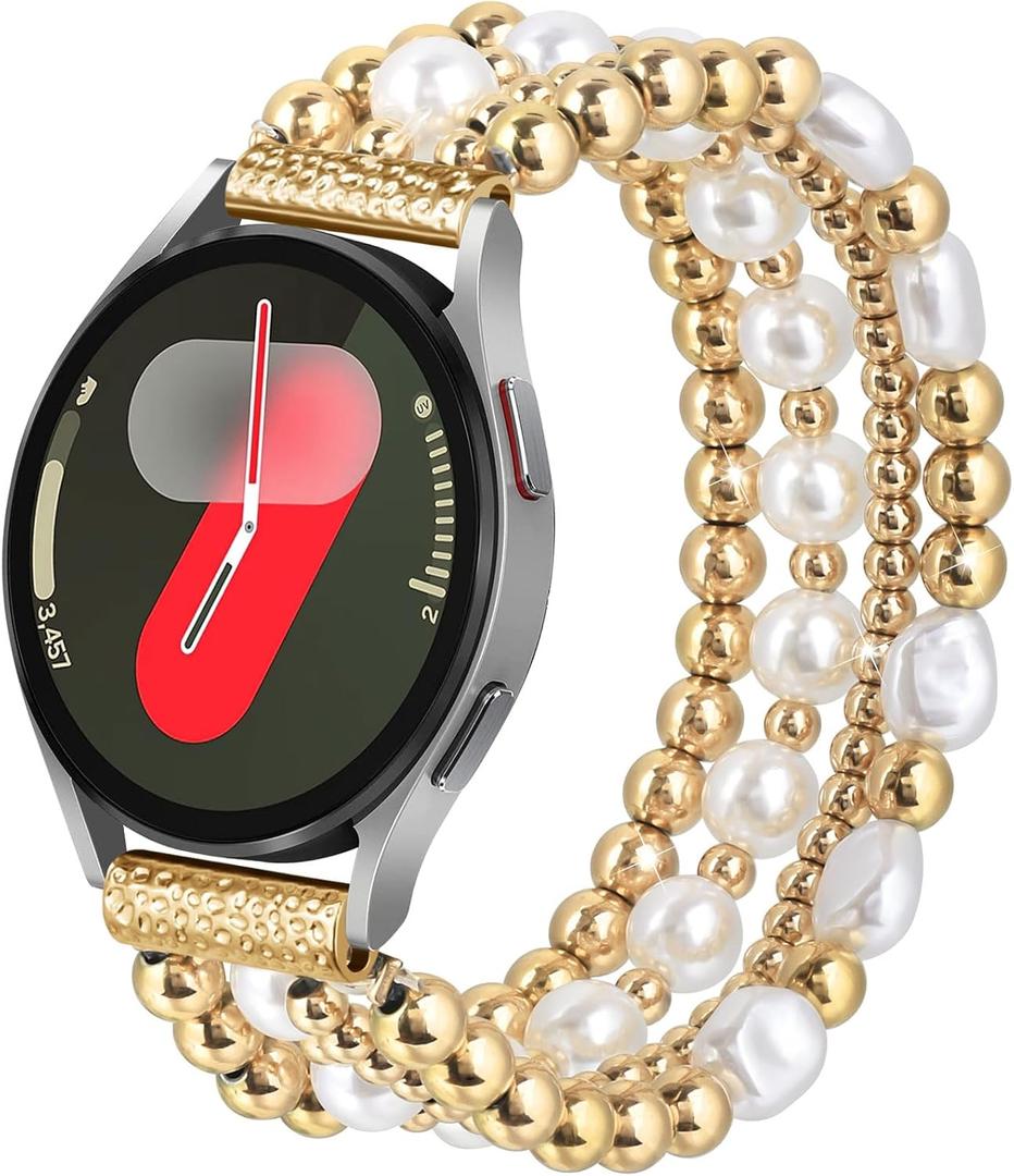 VISOOM Stainless Steel Bracelet for Samsung Galaxy Watch 8/7/6/5/4 40/44mm Bands/Active 2 Watch 4 Classic 42mm Band Women, 20mm Handmade Cute Elastic Crystal Beads Bracelet for Galaxy Watch 5 pro (Small)