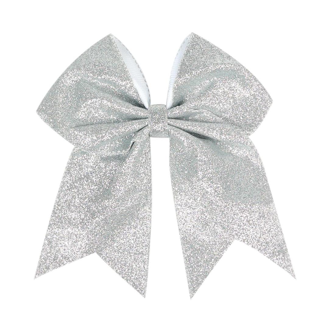 8" Large Glitter Cheer Bows with Full Rhinestones Colorful Shimmer Shiny Cheer Hair Bows Elastic Band Ponytail Holder for Cheerleader Girls Sports - Silver, 2 Pack