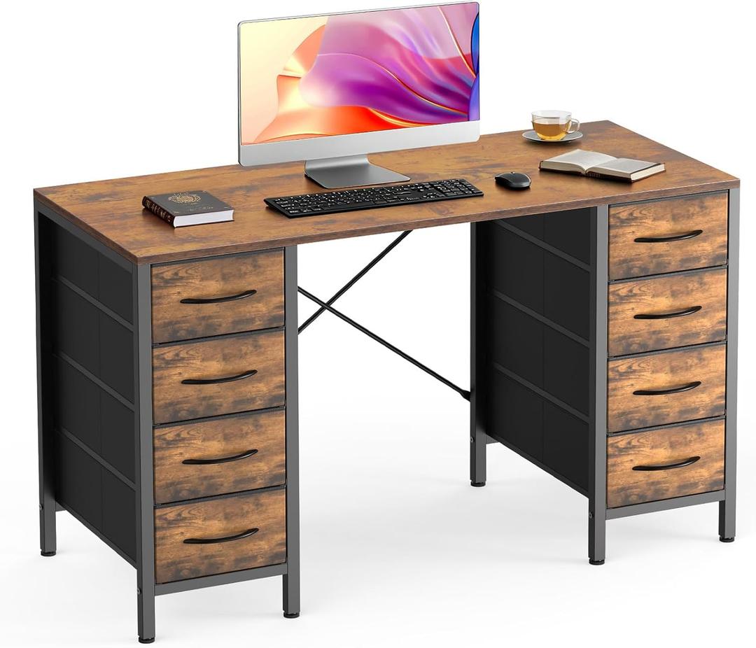 DUMOS 47 Inch Computer Desk with 8 Fabric Drawers, Office Gaming Desk with Storage, Writing Study Table with X-Shaped Reinforced Structure, Rustic Brown
