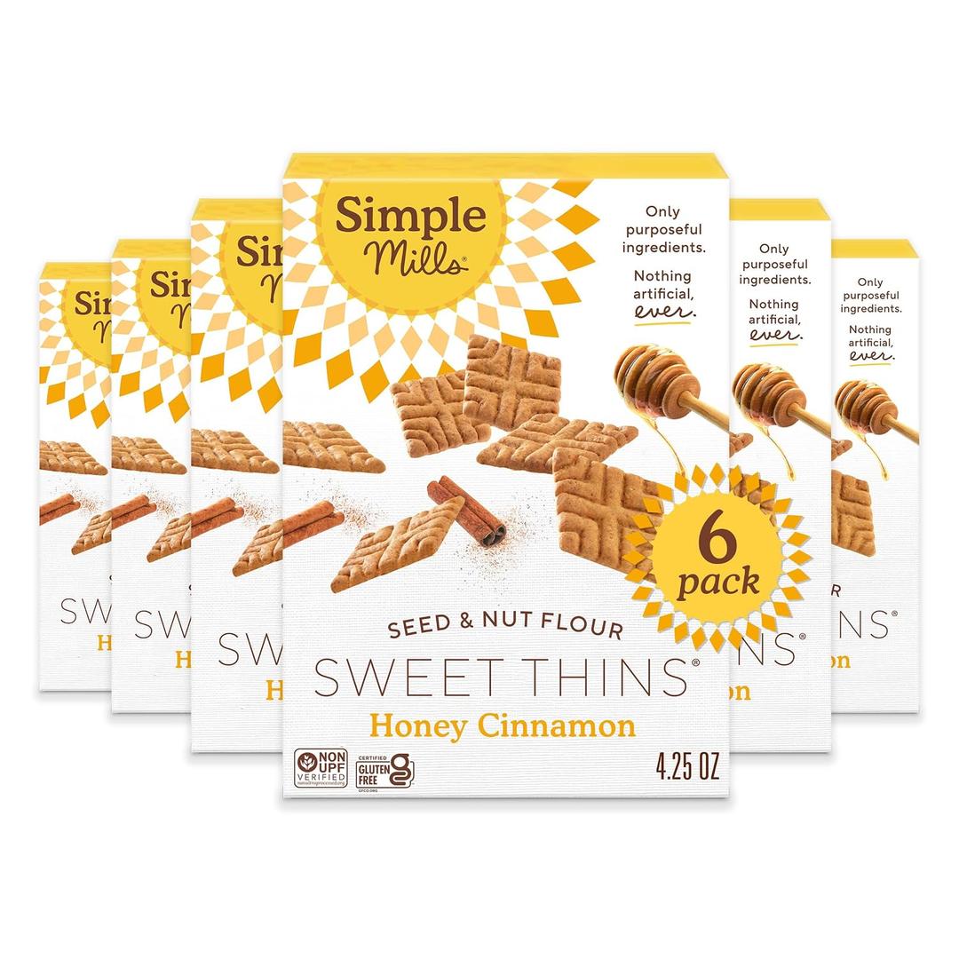 Simple Mills Honey Cinnamon Seed & Nut Flour Sweet Thins, Paleo Friendly & Delicious Sweet Thin Cookies, Good for Snacks, Nutrient Dense, 4.25oz, Pack of 6, BB JUL162026