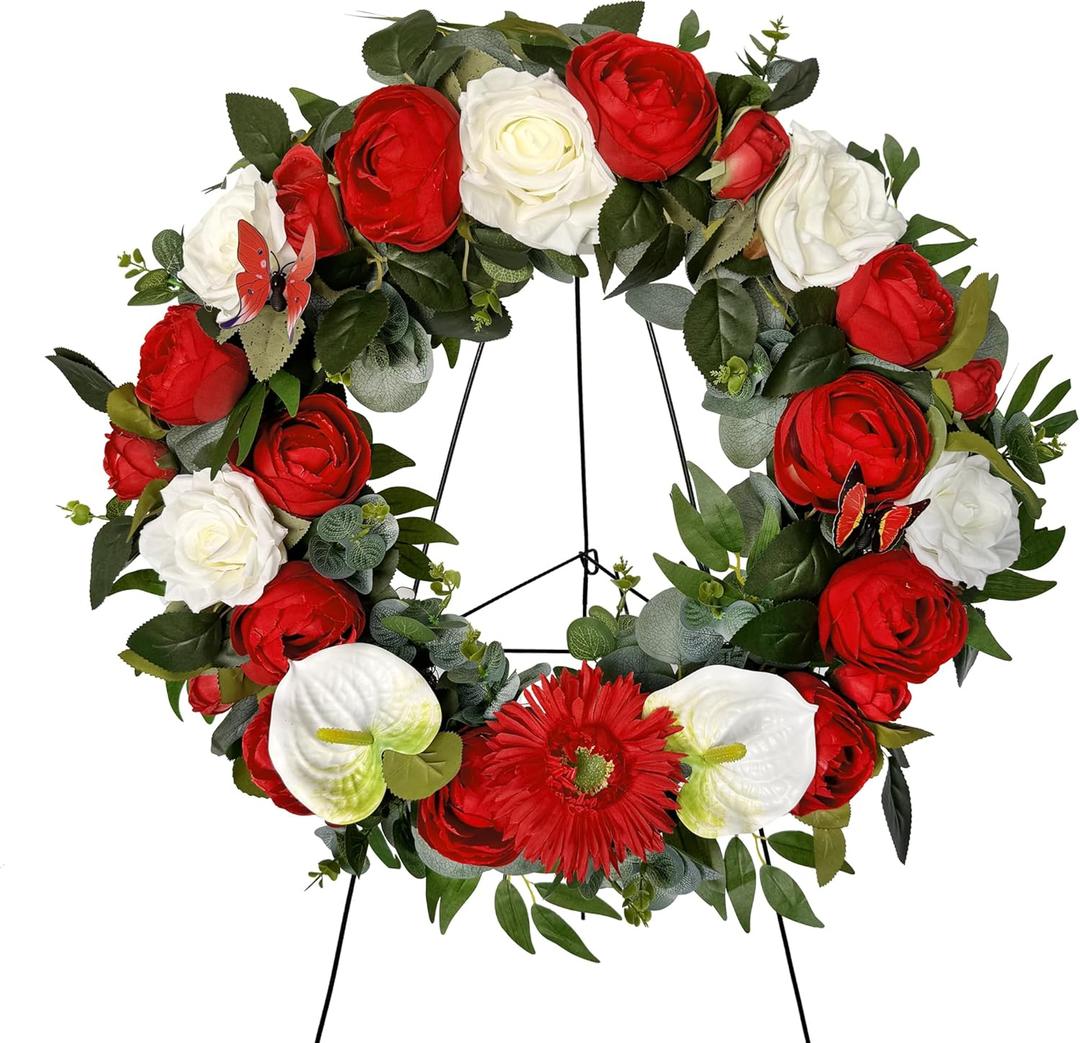 Cemetery Wreaths Decoration - Headstone Wreaths with Rose Camellia Daisy for Graves on 30 inch Tall Easel Stand, Spring Wreath for Front Door Decoration