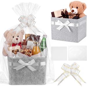 Hushee Felt Gift Basket Empty with Bow Felt Basket Set with Gift Bags Wrap Tissue Papers and Pull Bow 10"x10"x7.6" Foldable Storage Bin for Graduation Birthday Baby Shower Christmas, 1 Count