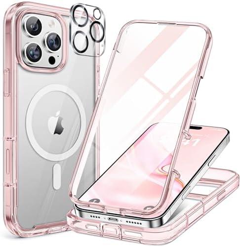 Miracase for iPhone 16 Pro Case Full-Body Phone with Built-in Glass Screen Protector, [Compatible with MagSafe] Military Drop Proof 16 Pro Cover Bumper 6.3 inch, Clear Pink
