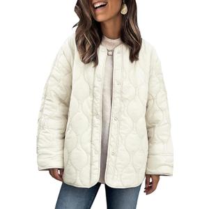 PEHMEA Women's Oversized Lightweight Quilted Jacket Button Down Fall Winter Coats Puffer Padded with Pockets (Beige, XL)