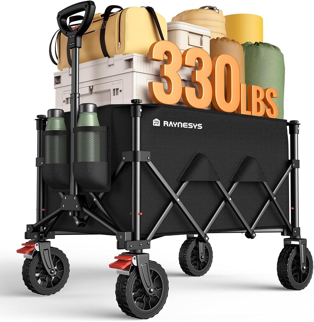 Wagons Carts Foldable, Collapsible Foldable Wagon 330lbs Capacity, Large Capacity Foldable Wagon with All-Terrain Wheels,Heavy Duty Utility Wagon Cart with Brakes for Beach Camping Shopping Sports (Black)