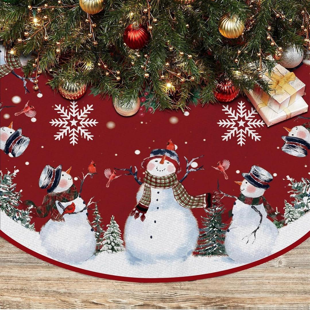 EKOREST Snowman Christmas Tree Skirt 48 Inches, Red Backgrond Snowflake Pencil Tree Skirt, Winter Xmas Tree Mat Decorations for Home Party Holiday Decorations