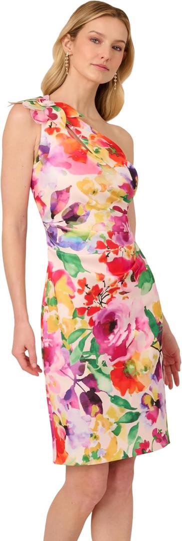 Adrianna Papell Women's Print One Shoulder Dress (Pink Multi), Size 24
