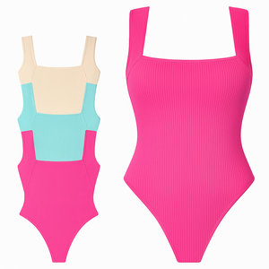 OQQ Women's 3 Piece Bodysuits Sexy Ribbed Strappy Square Neck Sleeveless Tummy Control Tank Tops Bodysuits Rose Mint green Beige Size L