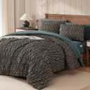 Full Size Comforter Sets-7 Pieces Puff Dark Green Floral Bedding Set for All Seasons, Shabby Chic Farmhouse Bed in a Bag Full with Floral Comforter, Sheets, Pillowcases & Shams