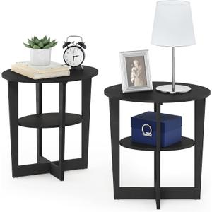 Furinno JAYA Side Table Set of 2, 2-Tier Round Modern End Table with Oval Tabletop, Night Stand, Bedside Table with Open Shelf, for Living Room, Bedroom, Walnut, 2-pack Oval Panel
