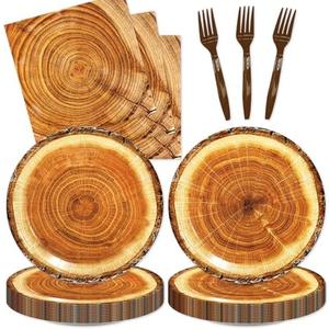 48pcs Camping Wood Grain Slice Party Decoration Set,16 Dessert plate,16 Napkin And 16 Fork,Disposable tableware for 16 persons,Used for Fire Camping Woodland Animal Lumberjack Party Supplies