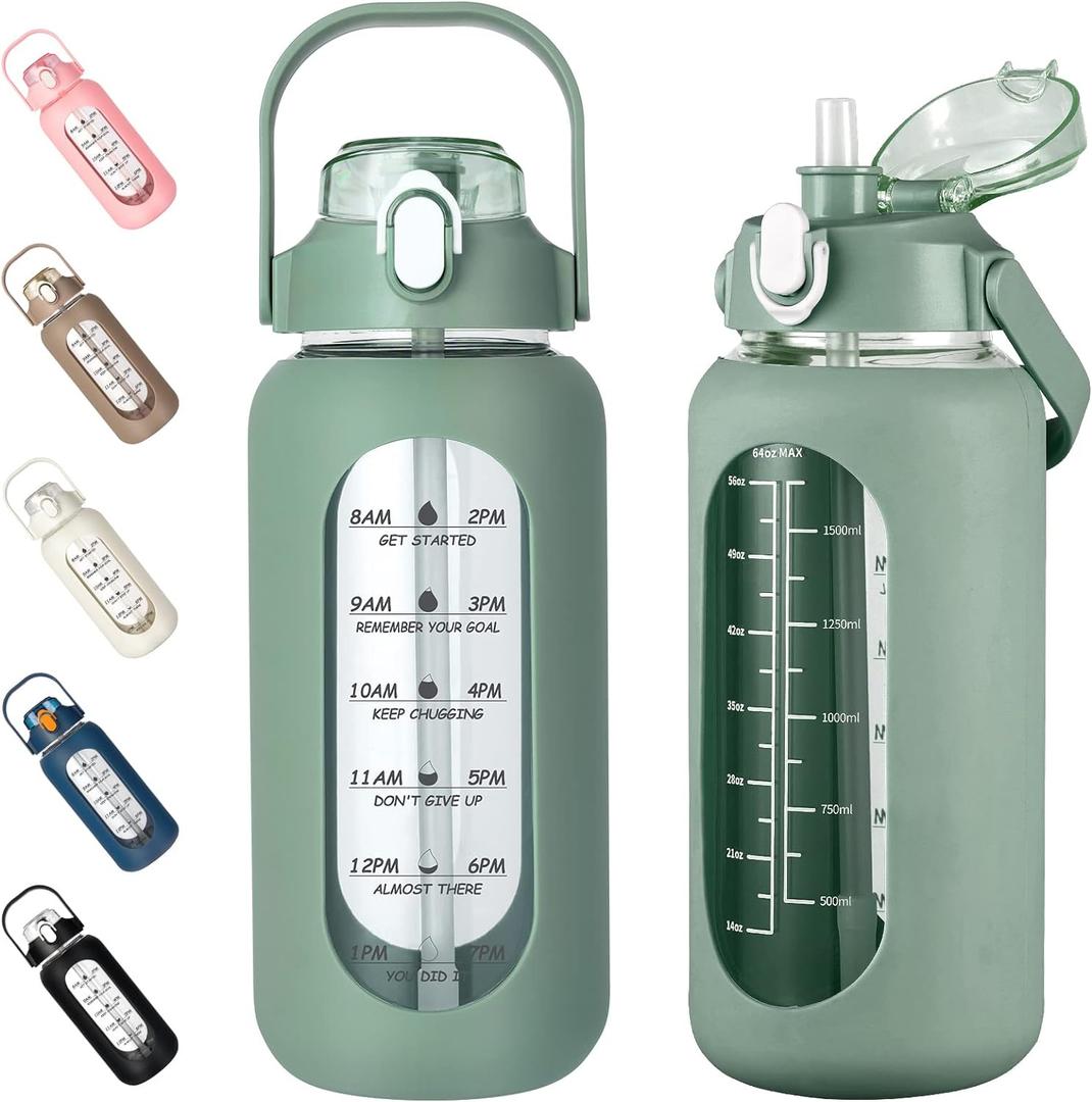 64oz Glass Water Bottles with Straw, Half Gallon Motivational Glass Bottle with Silicone Sleeve and Time Marker, 2L Leakproof Large Glass Water Jug for Gym Home Office