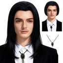 QACCF Mens 70s hippie Short Straight Black Vincent Vega Costume Wig with Widows Peak + 1 Bolo Tie