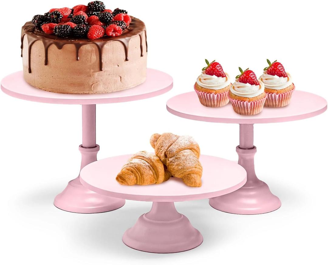 3 Pcs Pink Cake Stands, 8" 10" 12" Tiered Cupcake Display Holders, Metal Dessert Serving Trays, Round Pie Pizza Stands for Wedding, Birthday Party, Celebratory Event Decor