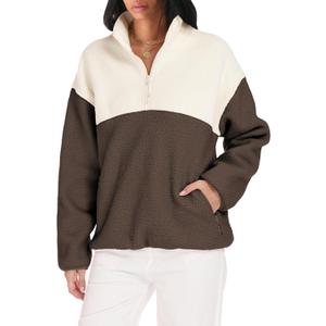 Womens Colorblock Fleece Jacket Half Zip Mockneck Sherpa Pullover Hiking Outdoor Sweatshirts with Pockets (Small, Coffee)