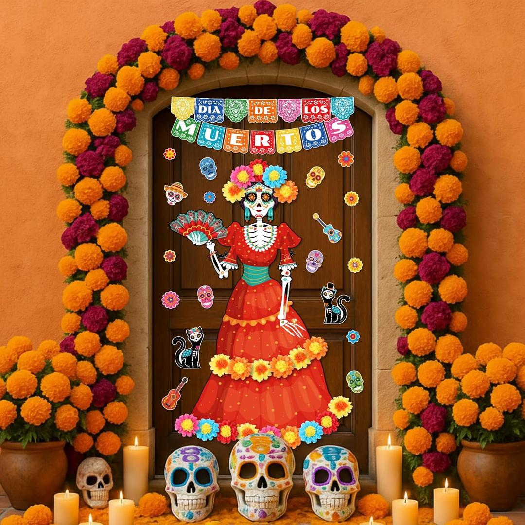Pasimy Day of The Dead Bulletin Board Set Colorful Sugar Skull Classroom Decorations Mexican Dia De Los Muertos Cutouts with 3D Paper Flowers for Door Wall Decor Fiesta Halloween Party(Classic)