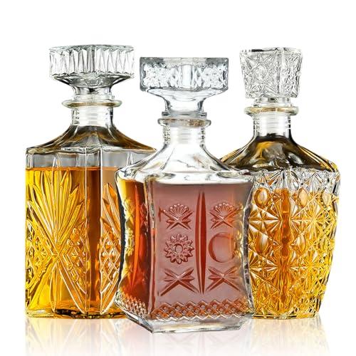 Whiskey Decanter Set of 3, Premium Crystal Spirits Decanter for Scotch, Bourbon, Vodka & Whisky, Ideal Barware & Gift for Men (28oz*2, 31oz*1)