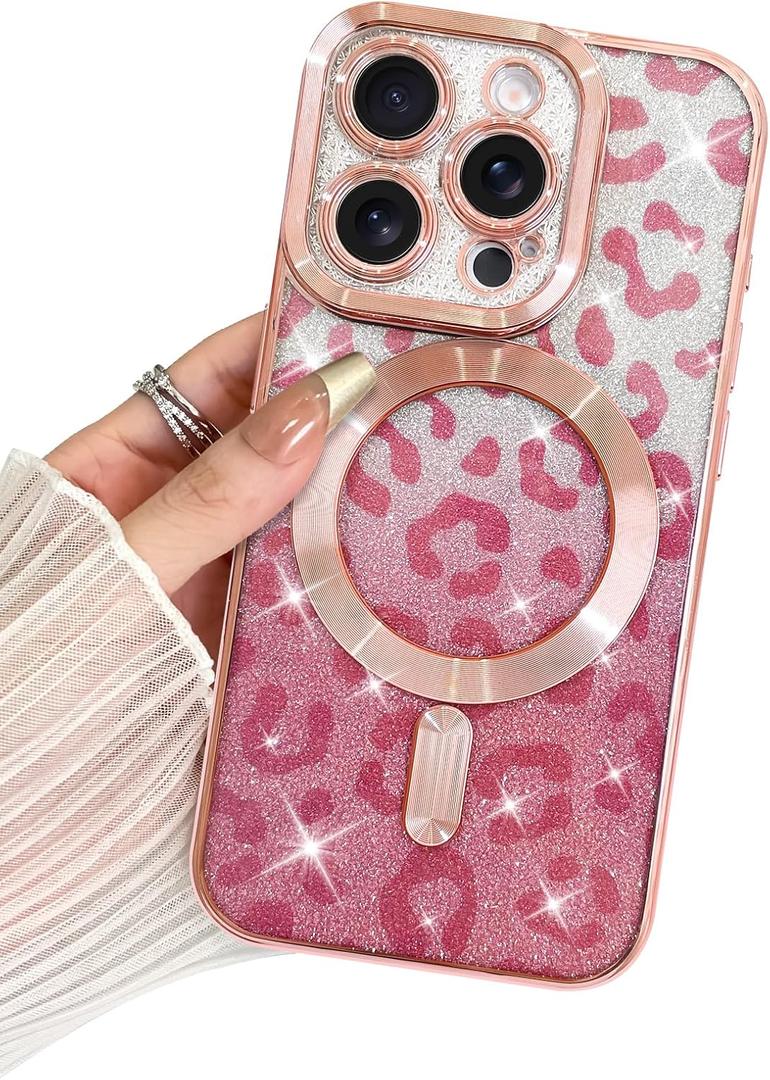 BITOBE Designed for iPhone 15 Pro Glitter Case Cheetah Print Design, Luxury Sparkly Shockproof Slim Leopard Bumper with Camera Protection for Women Girls Men 6.1"- Pink