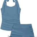 Girls Swimsuit V-Neck Cutout Tankini Tropical Print Swimwear with Shorts 2 Piece Bathing Suit for Girls 7-16Y (15-16 Years, Blue)