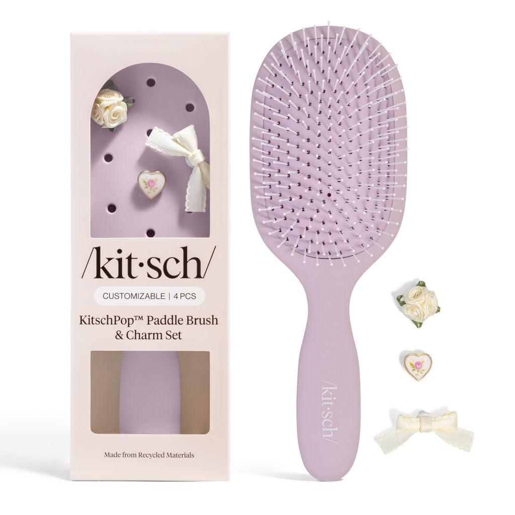KitschPop Paddle Hairbrush for Women Flexible Bristles Paddle Brush for Less Breakage, Scalp-Stimulating Detangler Hair Brush for Wet & Dry Hair, Customizable with KitschPop Charms - Soft Violet