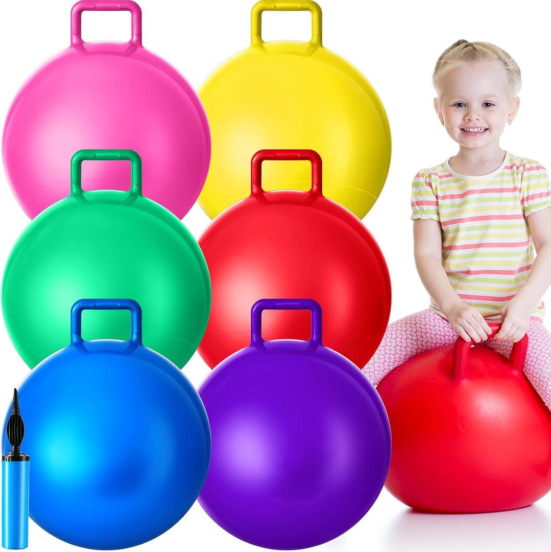 Lewtemi 6 Pcs Hopper Ball Carnival Outdoor Games 18 Inch Jumping Hopping Inflatable Bouncing Ball with Handle and Air Pump for Kids Sport Exercise (Red, Blue, Green, Pink, Yellow, Purple)