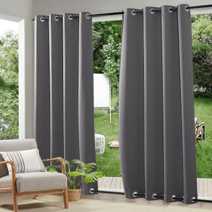 RYB HOME 2 Panels Weighted Outdoor Curtains - Waterproof Windproof Thermal Insulated Blackout Privacy Curtain for Porch Balcony Cabana, Grey, W52 x L84 inches (52"W x 84"L (Pack of 2))