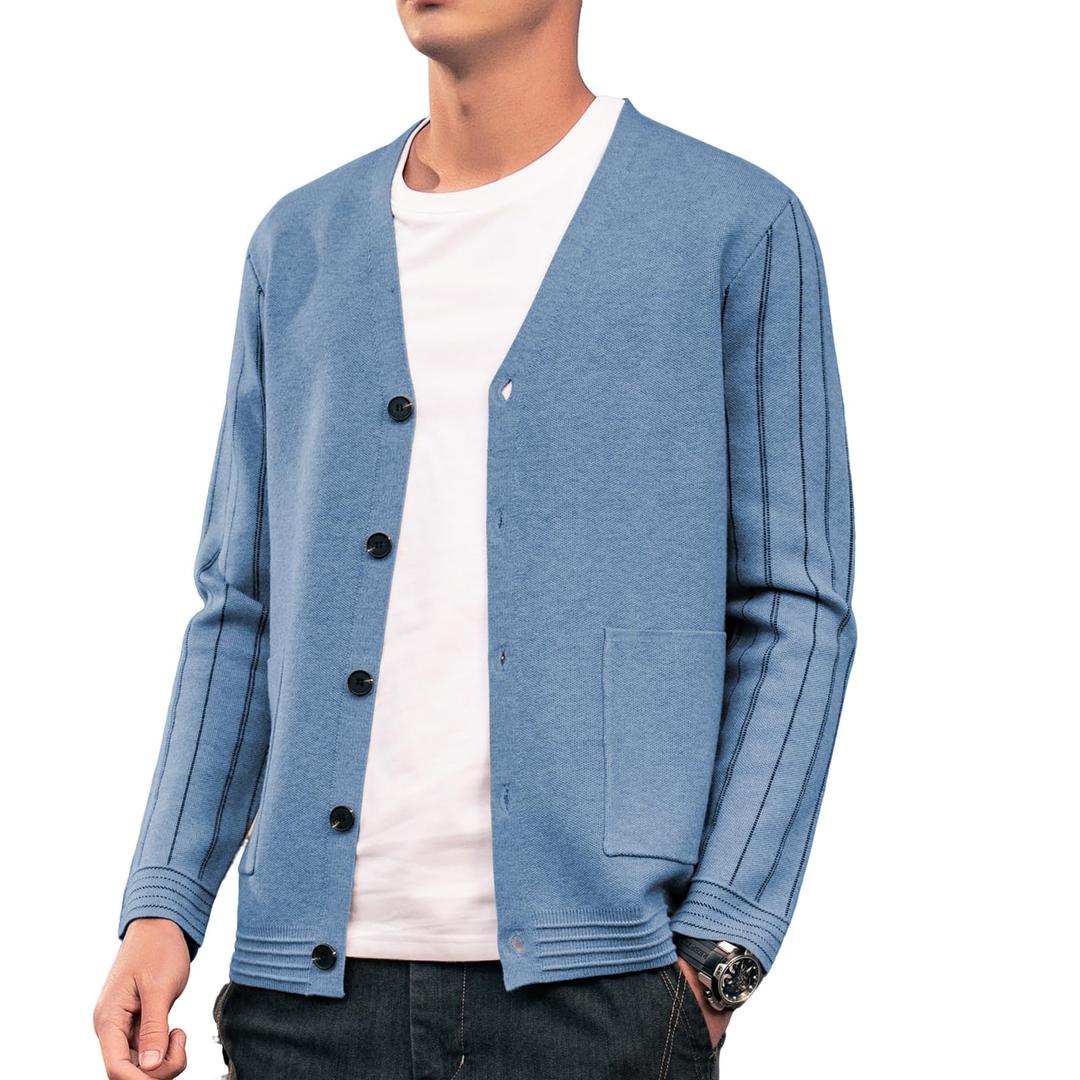 ZVX Men's Cardigan Sweater Button Front V-Neck Long Sleeve Knit Sweaters (Blue, S)