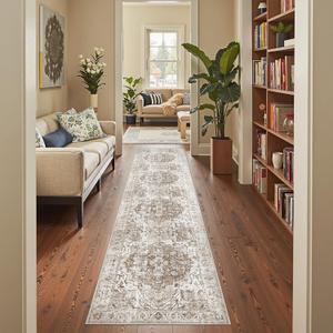 Jinchan Runner Rug 2x10 Washable Hallway Rug Vintage Traditional Floor Cover Thin Taupe Multi Distressed Floral Indoor Mat for Kitchen Bathroom Bedroom Living Room