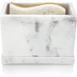 Essentra Home White Marble Kitchen Sponge Holder, Modern Kitchen Sink Caddy with Drain Tray