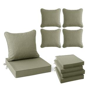 Summsun Water Resistant Outdoor Chair Cushions, Faux Linen Backrest and Deep Seat Cushion Set with Ties, Removable Cover, Non-Slip Bottom for Patio Furniture, 22 x 22 Inch, Mocca Green, Set of 4, 4P/22*22 + 22*20 Inch