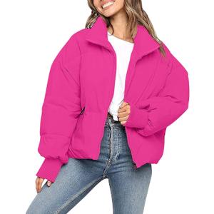 MEROKEETY Women's 2025 Winter Long Sleeve Zip Puffer Jacket Pockets Baggy Short Coats, HotPink, Small