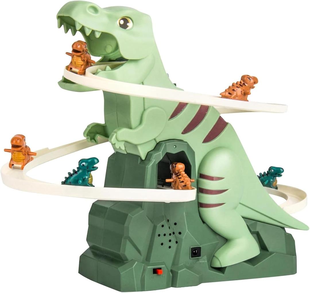 Dinosaur Chasing Race Track, Dinosaur Climbing Slide Music Toy, Electric Dinosaur Roller Coaster with Light and Music Electric Race Track Game Fun Track Slide