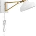 GLOBE Electric 51344 1-Light Plug-in or Hardwire Swing Arm Wall Sconce, White, Brass Accents, White-Cloth Cord, Mounted Bedside Lamp, Kitchen Sconces Wall-Lighting, Bulb Not Included