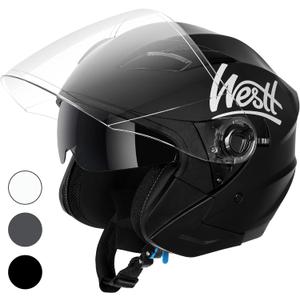 Westt Open Face Helmets with Dual Sun Visor Motorcycle Helmet for Men and Women 3/4 Helmets DOT Approved for Scooter Motorbike Street Jet Series (S (21.65-22.05 in), Black)