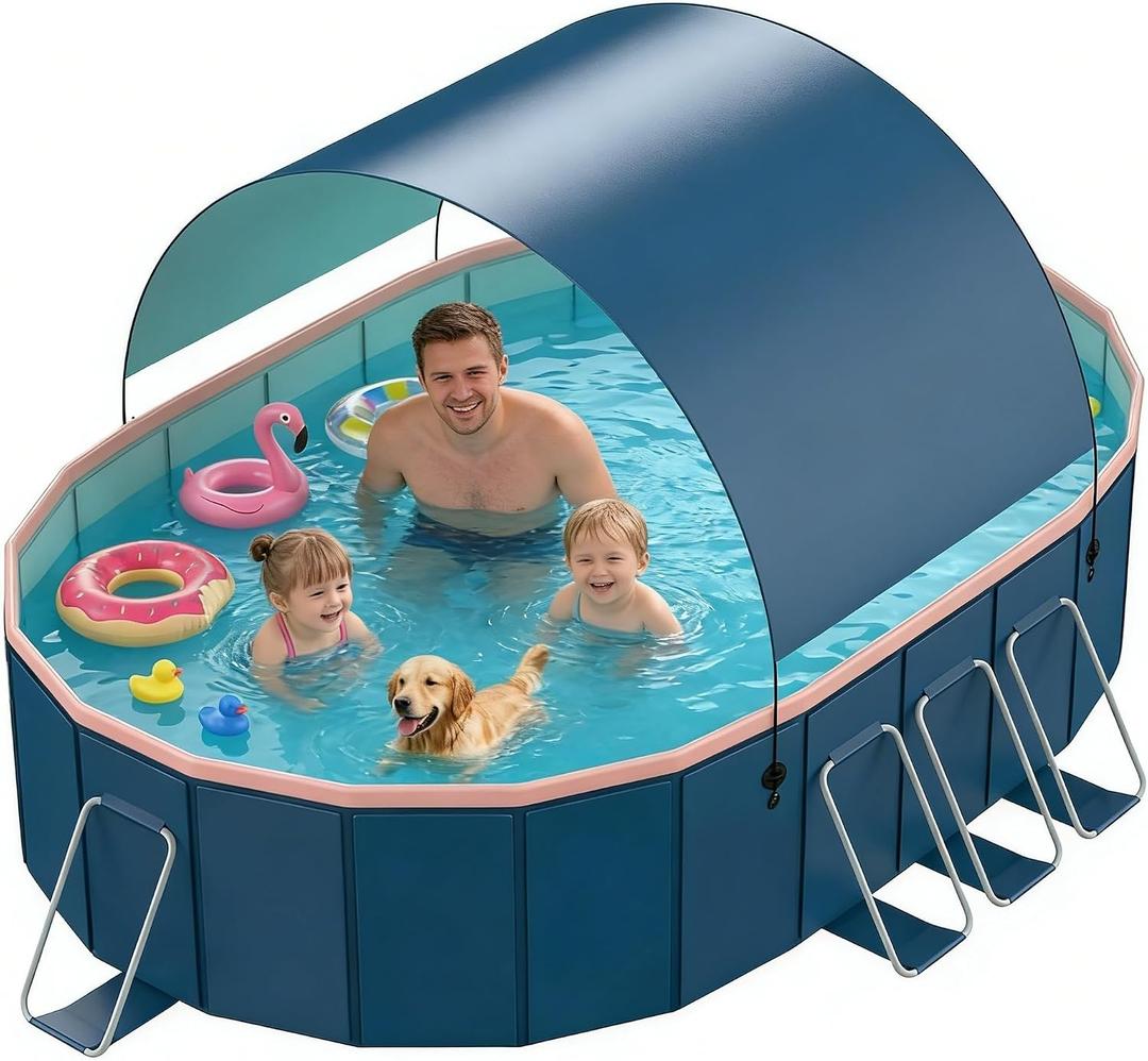 Foldable Pool with Canopy, Non-Inflatable Outdoor Swimming Pools, Hard Plastic Shell Portable Pool, Large Pools withAlloy Support, Garden, Backyard Water Party (Blue, XL:118″ × 63″ × 20.5″)