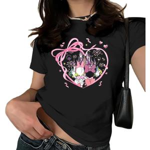 Pink Bow Cherries Shirt Women: Coquette Tops Clean Girl Aesthetic Shirts Casual Summer Short Sleeve Tshirt M