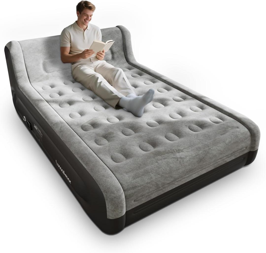 Queen Air Mattress with Headboard – Built-in Rechargeable Pump,18 Inch Inflatable Mattress，Plush Dutch Velvet – Portable Inflatable Bed for Camping, Guests & Home(Grey)