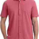 VEBOON Men's Short Sleeve Button Down Shirts Cotton Lightweight Stretch Moisture Wicking Dress Shirt with Pocket (Pink, M)