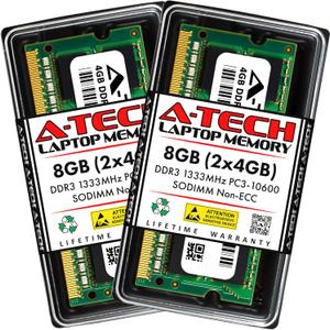 A-Tech 8GB (2x4GB) DDR3 1333MHz PC3-10600 CL9 SODIMM 204-Pin Non-ECC SO-DIMM Laptop, Notebook RAM Memory Modules