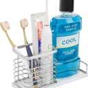 Toothbrush Holder, Luxurious Metal Toothbrush Toothpaste Holder with Marble Base for Bathroom, Multi-Slots Openwork Design, Bathroom Accessory for Storage and Organizer (Large, Chrome)