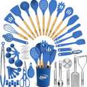 Kaluns 50 PCS Silicone Kitchen Utensils Set Complete Kitchen Set - 800F Heat Resistant Non-Stick Premium Cooking Utensils W Wooden Handles - Can Opener, Masher, Turner, Silicone Spatula Set (Blue)